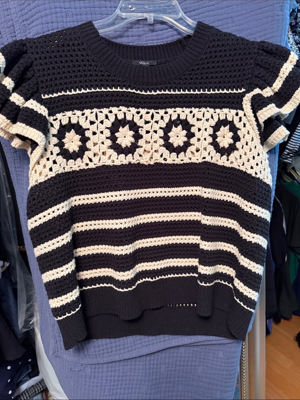Rails Black & Cream Crocheted Crewneck Sweater